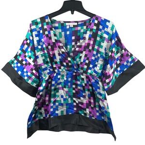 Urban Studio Pixel Geometric Faux Wrap Blouse Size M Kimono Sleeve Empire Waist